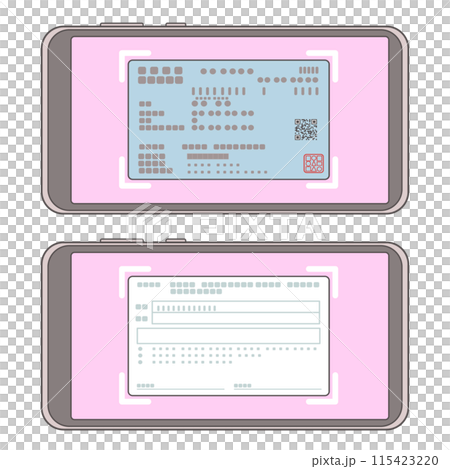 用智慧型手機水平拍攝健康保險卡正面和背面的插圖集 115423220