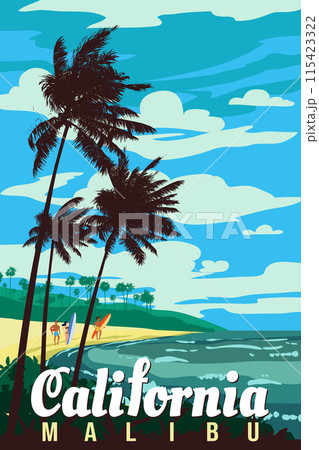 California Malibu Beach retro travel poster vector 115423322