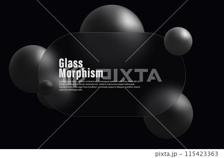 Glass morphism style. Glass banner and black spheres. Glass morphism style. Glass banner and black spheres. 115423363