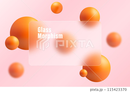 Glass morphism banner template. Plastic rectangle made of transparent plastic with a blur effect. Spheres morphism abstract art. Glass morphism banner template. Plastic rectangle made of transparent plastic with a blur effect. Spheres morphism abstract art. 115423370