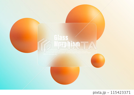 Glass morphism banner template. Plastic rectangle made of transparent plastic with a blur effect. Spheres morphism abstract art. 115423371