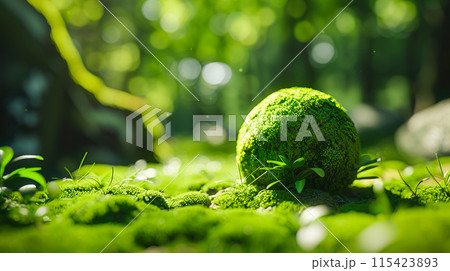 森の中の苔の世界と苔むした丸い球の風景 115423893