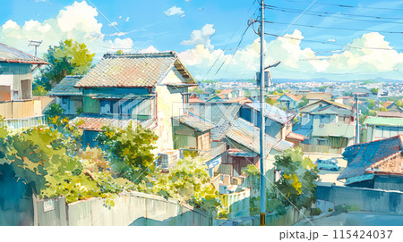 日本の住宅地の高台からの眺めの水彩イラスト風景 115424037