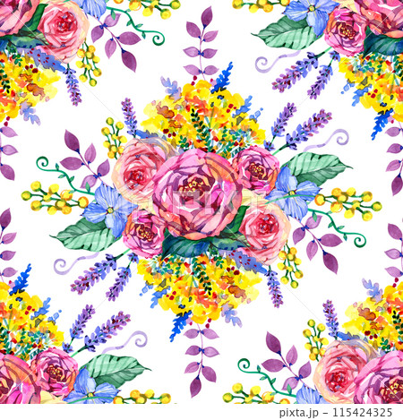 Watercolor Vintage Floral Seamless Pattern, Watercolor Bouquet of Red Roses and Wildflowers, Botanical Natural Digital Paper on White Background 115424325