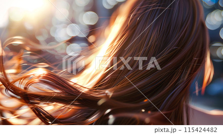 風になびく女性の美しい艶のある髪 風になびく女性の美しい艶のある髪 115424482