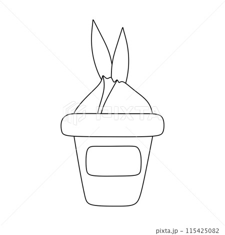 Black and White Vector Illustration of Flower Bulb with leaves in Pot. Floral seeds of Plant. Line icon of bulbil for garden or house. Isolated object on white background for Coloring book, Sticker 115425082