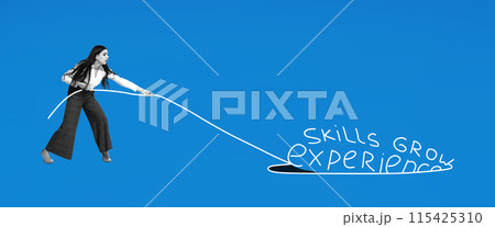 Contemporary art collage. woman dressed in business attire actively pulling rope with words skills, growth and experience. Contemporary art collage. woman dressed in business attire actively pulling rope with words skills, growth and experience. 115425310