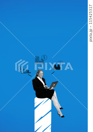Contemporary art collage. Young woman sitting on column and working in laptop, indicating active engagement in business activities. 115425317