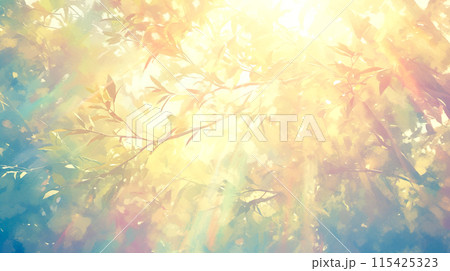抽象的な木々の間から降りそそぐ眩しい太陽光の水彩イラスト 抽象的な木々の間から降りそそぐ眩しい太陽光の水彩イラスト 115425323