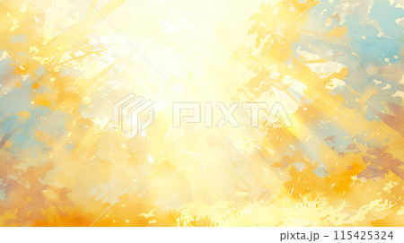 抽象的な木々の間から降りそそぐ眩しい太陽光の水彩イラスト 抽象的な木々の間から降りそそぐ眩しい太陽光の水彩イラスト 115425324