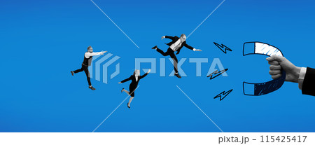 Contemporary art collage. Office workers flying to magnet in hand against blue background. Human recourses. Contemporary art collage. Office workers flying to magnet in hand against blue background. Human recourses. 115425417