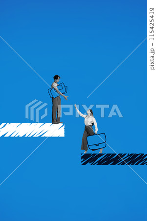 Contemporary art collage. Young man, with document, stands higher than woman, with briefcase, who's he reaching to help her. Contemporary art collage. Young man, with document, stands higher than woman, with briefcase, who's he reaching to help her. 115425419