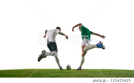 Player in white and player in green caught in moment of intense competition over ball on green lash playground against white background. Player in white and player in green caught in moment of intense competition over ball on green lash playground against white background. 115425425