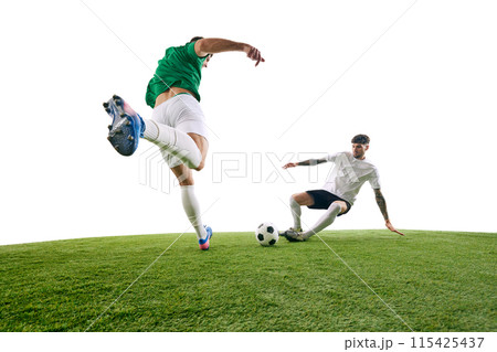 Two soccer players, one in white and one in green, fiercely compete for ball on green lash playground against white background. Two soccer players, one in white and one in green, fiercely compete for ball on green lash playground against white background. 115425437