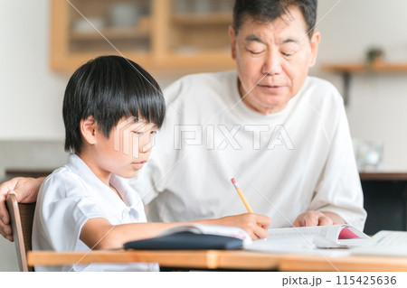 家のダイニングで孫の宿題を教える高齢者男性と小学生の子供 115425636