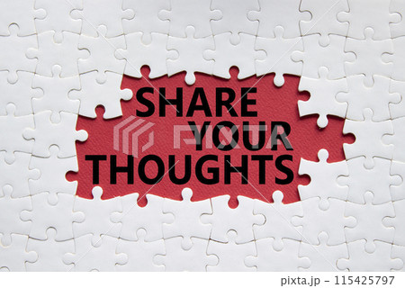 Share your Thoughts symbol. Concept words Share your Thoughts on white puzzle. Beautiful red background. Business and Share your Thoughts concept. Copy space. 115425797
