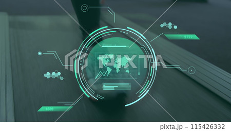 Image of data processing over caucasian woman on treadmill exercising in gym Image of data processing over caucasian woman on treadmill exercising in gym 115426332