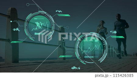 Image of data processing over diverse man and woman running Image of data processing over diverse man and woman running 115426385