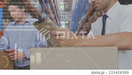 Close up of two Caucasian workers writing on clip board in a distribution warehouse Close up of two Caucasian workers writing on clip board in a distribution warehouse 115426389