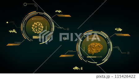 Image of data processing with brain and shapes moving over black background Image of data processing with brain and shapes moving over black background 115426422