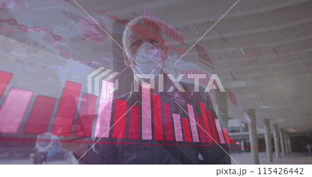 Image of data processing over senior man wearing face mask Image of data processing over senior man wearing face mask 115426442