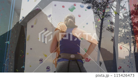 Image of data processing over caucasian woman by climbing wall Image of data processing over caucasian woman by climbing wall 115426473