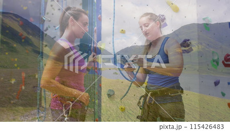 Image of landscape over caucasian women by climbing wall Image of landscape over caucasian women by climbing wall 115426483