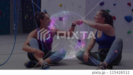 Image of data processing and globe over caucasian women by climbing wall 115426512
