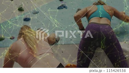 Image of data processing with connections over caucasian women climbing wall Image of data processing with connections over caucasian women climbing wall 115426538