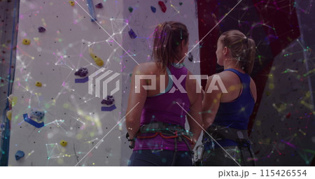 Image of data processing over caucasian women by climbing wall 115426554