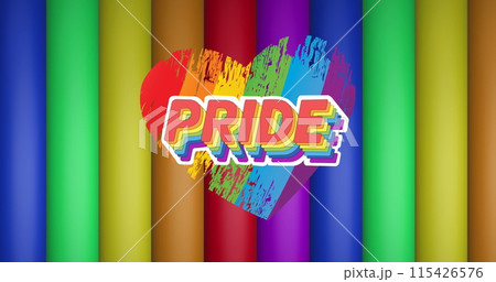 Image of pride text and rainbow heart over rainbow stripes and colours moving on seamless loop Image of pride text and rainbow heart over rainbow stripes and colours moving on seamless loop 115426576