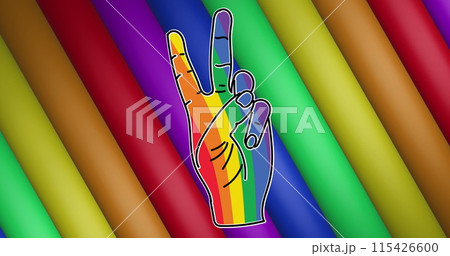 Image of rainbow hand with victory sign, stripes and colours moving on seamless loop Image of rainbow hand with victory sign, stripes and colours moving on seamless loop 115426600