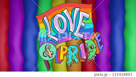 Image of love and pride text over rainbow flag and stripes and colours moving on seamless loop 115426601