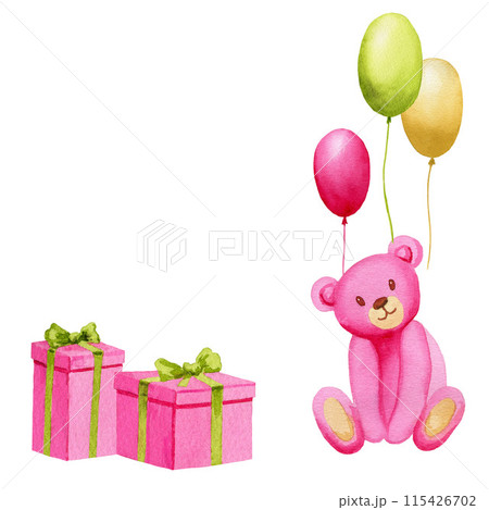 Watercolor pink teddy bear sitting with hellium balloons, gift boxes on white background. Cute baby illustration for greeting cards, kid posters 115426702