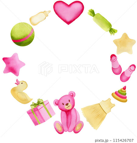 Watercolor round composition with pink teddy bear and toys on white background. Cute baby hand drawn illustration for greeting cards, kid posters 115426707