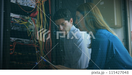 Image of scope scanning, circuit board over caucasian it man and woman fixing computer server 115427048