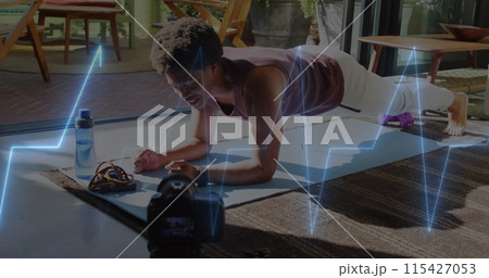 Image of neon heart rate over african american man doing plank Image of neon heart rate over african american man doing plank 115427053
