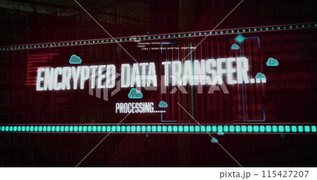 Image of cloud icons and data processing over digital text Image of cloud icons and data processing over digital text 115427207