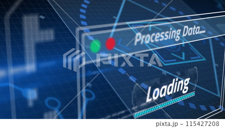 Image of data processing with scope scanning on blue background 115427208