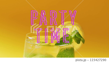 Image of party time neon text and cocktail on orange background Image of party time neon text and cocktail on orange background 115427290