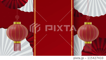 Image of lanterns and chinese pattern with copy space on red background 115427410