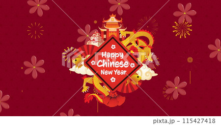 Image of happy chinese new year ext over lanterns and chinese pattern on red background Image of happy chinese new year ext over lanterns and chinese pattern on red background 115427418
