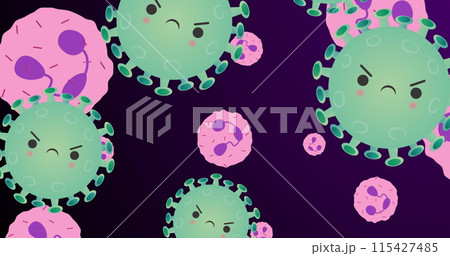 Image of green viruses over pink cells on violet background 115427485