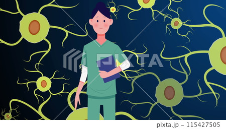 Image of caucasian female doctor over green cells on navy background Image of caucasian female doctor over green cells on navy background 115427505