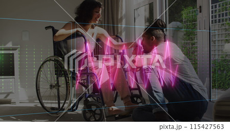 Image of neon heart rate over happy biracial couple, woman on wheelchair Image of neon heart rate over happy biracial couple, woman on wheelchair 115427563