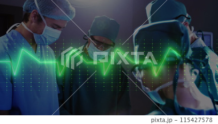Image of neon heart rate over diverse surgeons during operation Image of neon heart rate over diverse surgeons during operation 115427578