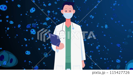 Image of caucasian male doctor in face mask over blue cells on navy background 115427726