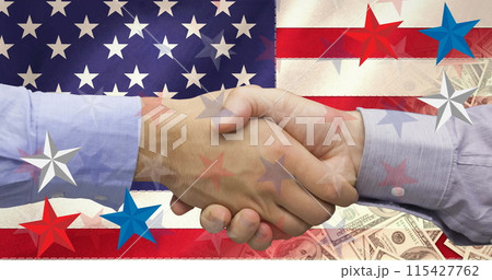 Image of business people shaking hands over american flag Image of business people shaking hands over american flag 115427762