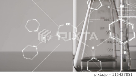 Image of scientific data processing over laboratory dishes on grey background Image of scientific data processing over laboratory dishes on grey background 115427851
