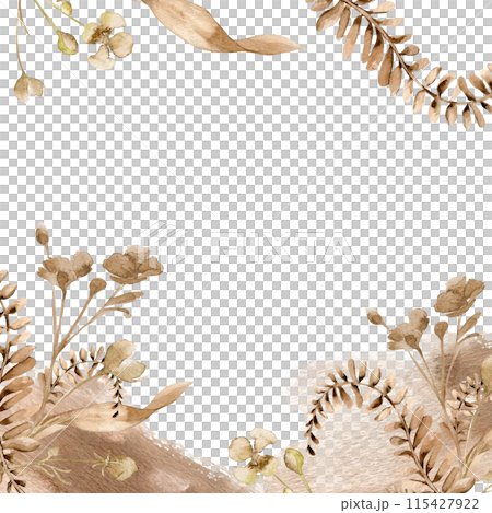 Floral frame in brown monochrome plants watercolor. Flower, fern in beige color hand drawn on watercolor splash. Abstract herbs neutral painted. Design of branding, printed products, card, invitation 115427922